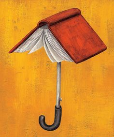 an umbrella shaped like a book with a book on it's head attached to the handle