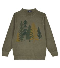 a sweater with trees printed on the front and back in green, brown and orange