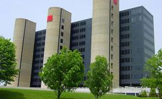 two tall buildings with trees in the foreground and grass on the ground below them