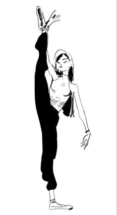 a black and white drawing of a woman doing an acrobatic dance pose