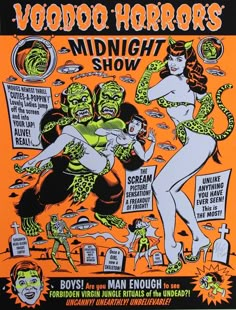 a poster for voodoo horror show with two women in bikinis and monsters on them