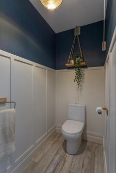 a white toilet sitting inside of a bathroom next to a wooden floor under a light fixture