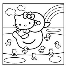 the hello kitty coloring page is full of cute little animals and their parents, including ducks