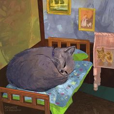 a painting of a cat sleeping on a bed in a room with blue walls and wooden furniture