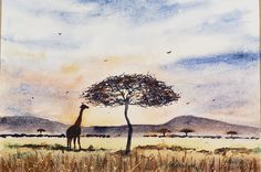 a painting of a giraffe standing next to a tree in the middle of a field