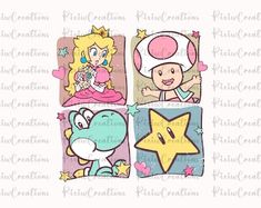 four different pictures of mario, princess peach and star wars characters in squares with stars on them