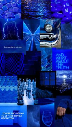 a collage of blue and black images