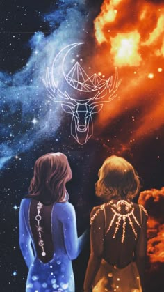 two women looking at the stars in the sky with an image of a deer on it