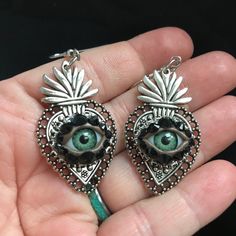 Silver Tone Sacred Heart Eyeball Earrings Natural Green Eyes, Eyeball Earrings, Eyeball Art, Fairy Drawings, Green Eye, Gothic Earrings, Handmade Jewelry Earrings, Art Earrings, Wild Hair