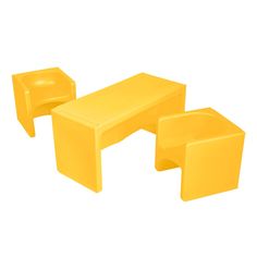 three yellow plastic stools sitting next to each other