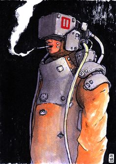 a drawing of a man in an orange coat and helmet with a pipe sticking out of his mouth