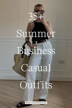 Business Casual Women Outfits Chic Summer, Casual Office Outfits Women Summer Work Attire Flats, Basic Work Outfits Summer, Mid Size Fashion Summer Work, What To Wear To The Office In The Summer, Women Summer Office Outfits, Hot Summer Work Outfits Business Casual, Summer Outfits For Office Women, Laid Back Business Casual Outfits