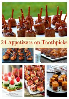 some appetizers on toothpicks are sitting on a table