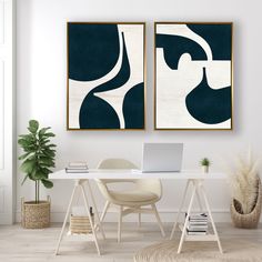 two paintings hang on the wall above a white desk with a laptop and chair in front of it