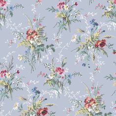 a blue floral wallpaper with white and red flowers