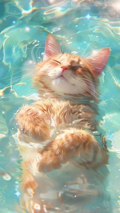 an orange and white cat is floating in the water