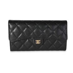 Chanel Black Quilted Caviar Classic Wallet 0.5lb Chanel Luxury Rectangular Wallet On Chain For Daily Use, Black Double Flap Bag For Daily Use, Leather Evening Bags With Card Slots, Chic Clutch With Card Slots, Luxury Shoulder Bag With Card Slots For Travel, Elegant Leather Wallet For Everyday Use, Chic Black Textured Leather Flap Bag, Black Double Flap Bag For Business, Black Double Flap Business Bag