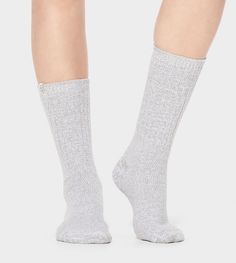 Just slouchy enough, these ultra-soft knit socks are a favorite. Wear around the house, or peeking out from an ankle boot. UGG Women's Rib Knit Slouchy Crew Sock Nylon In Grey Sparkle Uggs, Ugg Socks, Metallic Socks, Socks Aesthetic, Cable Knit Socks, Sock Collection, Fleece Socks, Short Rain Boots, Bailey Bow Uggs