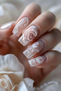 Explore romantic rose wedding nail ideas designed specifically for brides. Elevate your bridal look with these elegant and timeless nail designs featuring delicate rose motifs. Whether you prefer subtle accents or full floral patterns, these nail art ideas offer a touch of beauty and sophistication for your special day. Pin now to discover the perfect rose-inspired nails for your wedding! Square Nails Wedding, Wedding Nails For Bride Square, Wedding Nails With Pearls, Long Wedding Nails, Nails Acrylic Wedding, Wedding Nails Pearl, Unique Wedding Nails, Wedding Nails Long, Wedding Nails Acrylic