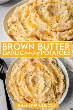 two bowls filled with brown butter garlic mashed potatoes