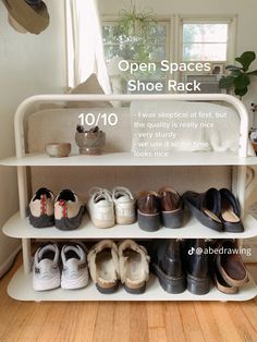 an open space shoe rack with ten pairs of shoes on it and the text below reads, open spaces shoe rack 10 / 10