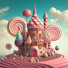 a pink castle with candy land and lollipops in the sky above it