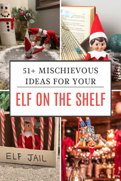 Mischievous elf on the shelf ideas showcasing a collection of funny elf scenes, including a candy cane jail and other playful displays. Elf In Shelf Idea, Elf On The Shelf Ideas With Toilet Paper, Elf On The Shelf Ideas Snow, Elf Kitchen Ideas, Elf Mess Ideas, Elf Target Practice, Shelf Elf Ideas, Elf In Jail, Elf Tricks Ideas