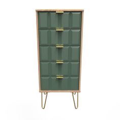 a green chest of drawers with gold handles