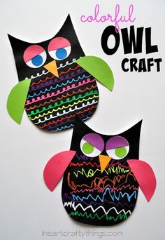 two owls made out of paper with the words colorful owl craft on it's side