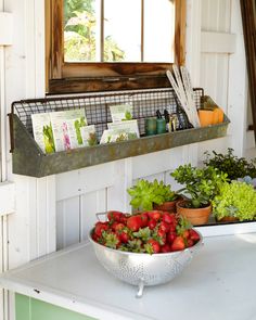 a bowl of strawberries and other vegetables on a table in front of a window