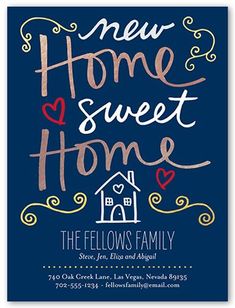 the new home sweet home card is shown in red, blue and white lettering on a navy background