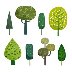 an assortment of trees in different colors and sizes, with leaves on the top one