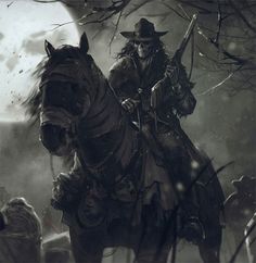 a man riding on the back of a horse next to a forest