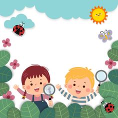 two children with magnifying glass looking at ladybugs in the sky above them