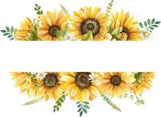 watercolor sunflowers with green leaves and flowers on the bottom right corner, painted by hand