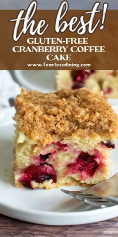 a piece of cranberry coffee cake on a white plate with the title overlay