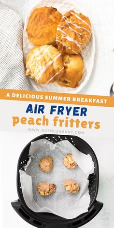 an air fryer with some cookies on it and the words air fryer peach fitters