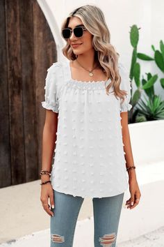 Women Clothing Spring Summer Chiffon Big Fur Ball Short Sleeved Shirt Square Collar Pleated Shirt - White,L White Chiffon Short Sleeve Top, White Chiffon Blouse With Short Sleeves, Spring Chiffon Blouse With Puff Sleeves, Casual Flowy Chiffon Blouse, Spring Chiffon Puff Sleeve Blouse, Flowy Casual Chiffon Blouse, Fitted Casual Chiffon Top, Casual Chiffon Tops For Day Out, Flowy Chiffon Casual Blouse