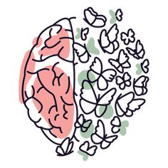 the left and right side of a brain with butterflies around it, on a white background