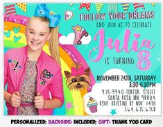 JoJo Siwa Birthday Invitation Printable, Personalized, FREE JoJo Siwa Thank You Card Jojo Siwa Bows, Tmnt Party, Thank You Card Design, Invitation Ideas, Spa Party, Printable Birthday Invitations, 4th Birthday Parties