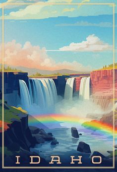 a painting of a waterfall with a rainbow in the middle and clouds above it that reads idaho