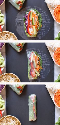 four photographs of different types of food in bowls and on trays with noodles, carrots, lettuce, cucumber, and other veggies