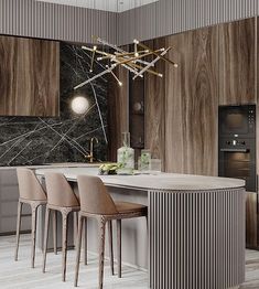 a modern kitchen with marble counter tops and bar stools