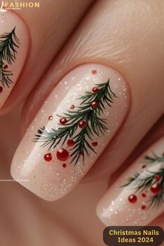 Christmas Fingernail Art, Christmas Tree Nails Short, Tree Nails Art, Dip Nails Christmas Ideas, Festive Christmas Nail Designs, Holly Nail Design, Simple Holiday Nail Designs, Poinsettia Nails Design, Nativity Nails Designs