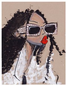 a drawing of a woman with sunglasses and a red lipstick on her lips is shown