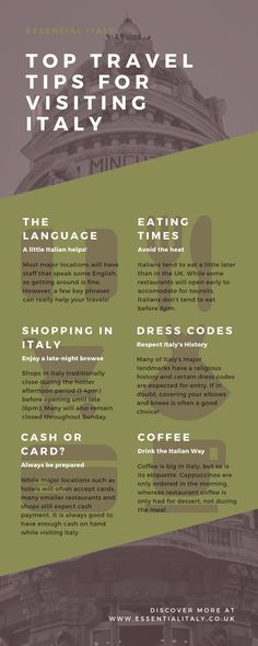 the top travel visiting italy info sheet with information about it and how to use it