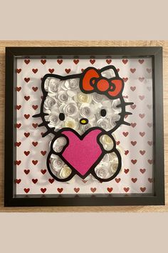 Hello kitty, Paper flower shadow box, paper flower, paper flower diy, hearts , paper flower shadow box, paper flower shadowbox idea Valentines Shadow Box Ideas, Hello Kitty Cricut Projects, Hello Kitty Gift Ideas Diy, Diy Hello Kitty Crafts, Hello Kitty Cricut, Disney Shadow Box, Heart Shadow Box, Kitty Paper, Hello Kitty Paper