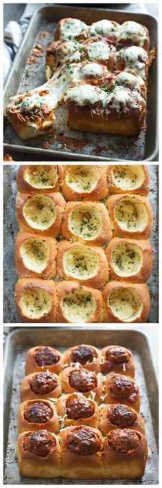 four different views of bread with cheese and sauce on top, then in the middle