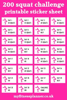 a pink and white poster with the words 200 squat challenge printable sticker sheet