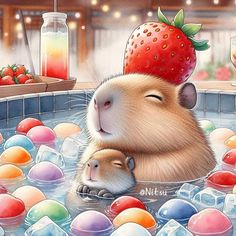 a painting of a hamster and its baby in a bubble bath with strawberries